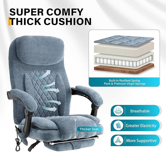 6-Point Massage Office Chair with Heated, Ergonomic Office Chair with Footrest & 45°Reclining High Back, Big and Tall Executive Office Chair 500LBS, Thick Cushion Desk Chair for Home Office, Blue
