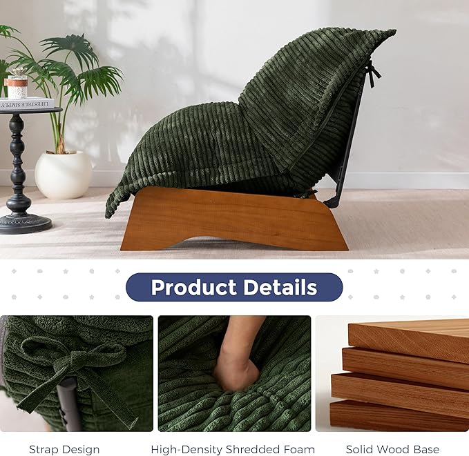 MAXYOYO Adjustable Living Room Chair, Convertible Bean Bag Chair & Recliner with Frame, Removable Cushion Floor Sofa Corded Fabric, Soft Upholstered Lounge for Bedroom, Dorm, Green
