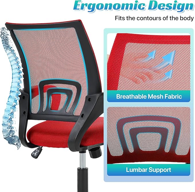 Ergonomic Office Chair Mesh Mid Back with Lumbar Support Armrest, Adjustable Home Desk Chair Comfy Computer Task Drafting Rolling Swivel Chairs for Gaming, Home Work, Study, Red