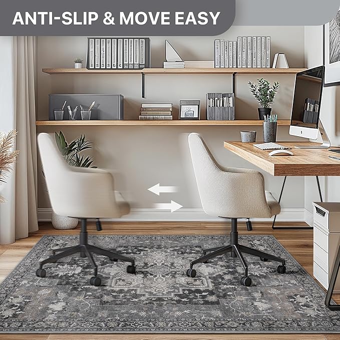 60"x60" Office Chair Mat for Hardwood Tile Floor, Under Desk Carpet Protector for Rolling Computer Chair Mat, Machine Washable Round Area Rug, Anti-Slip 1/5" Thick Low Pile Thin Floor Mat, Black