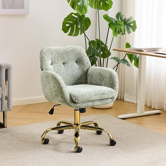 VINGLI Comfy Fuzzy Vanity Chair, Swivel Makeup Chair with Wheels, Upholstered Height Adjustable Armchair with Gold Base, Modern Ergonomic Desk Chair for Bedroom, Home Office, Olive Green