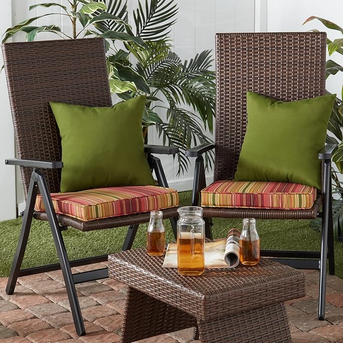 Outdoor 18 inch Square Patio Dining Chair Pads – Comfortable Fiber-Filled Seat Cushions with Ties, Reversible Polyester Fabric - Kinnabari Stripe, Set of 4
