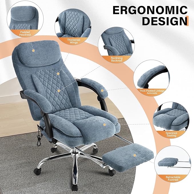 500LBS Massage Office Chair, 6 Points Vibration & Heat Executive Office Chairs, 135°Reclining Comfy Desk Chair with Foot Rest, Wider & Thicker Seat Cushion, Fabric Big and Tall Gaming Chair, Blue