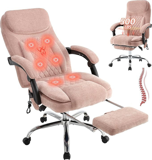 500LBS Massage Office Chair, 6 Points Vibration & Heat Executive Office Chairs, 135°Reclining Comfy Desk Chair with Foot Rest, Wider & Thicker Seat Cushion, Fabric Big and Tall Gaming Chair, Pink