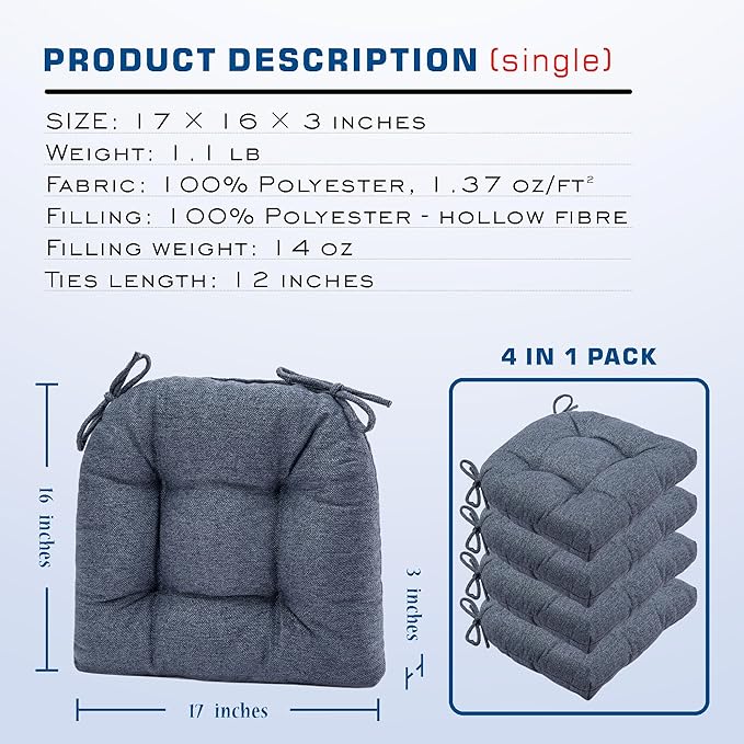 SQUARE MOON D-Shaped 3" Thick Chair Cushions, Chair Pads for Dining Chairs and Kitchen Chairs, Indoor Dining Room Seat Cushions with Ties, Machine Washable, 17" x 16" x 3", 4/Pack, Grayish Blue