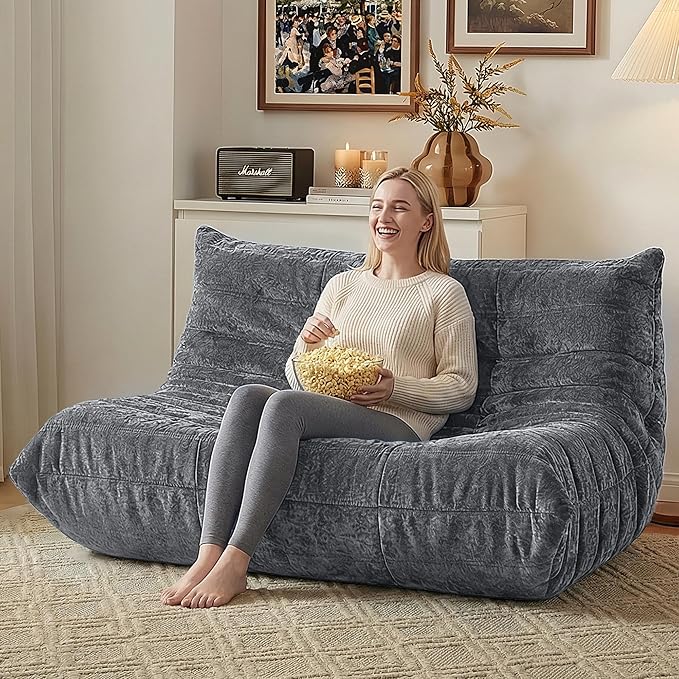 HABUTWAY Bean Bag Chair, Giant Bean Bag Chairs for Adults, Loveseat Fireside Chair, 2 Seater Lazy Bean Bag Sofa Memory Foam Couch for Living Room, Bedroom, Office (Grey)