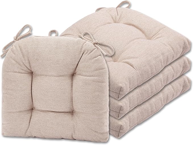 SQUARE MOON D-Shaped 3" Thick Chair Cushions, Chair Pads for Dining Chairs and Kitchen Chairs, Indoor Dining Room Seat Cushions with Ties, Machine Washable, 17" x 16" x 3", 4/Pack, Beige