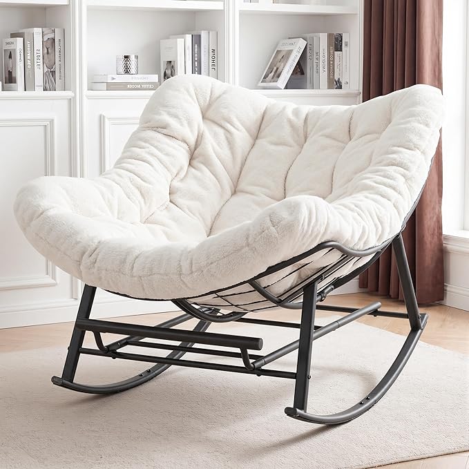Oversized Rocking Chair Indoor with Foot Rest, Papasan Rocking Chair Outdoor, Lounge Chair with Cushion, Patio Egg Rocker Chairs, Comfy Reading Chairs for Living Room, Garden, Lawn, White