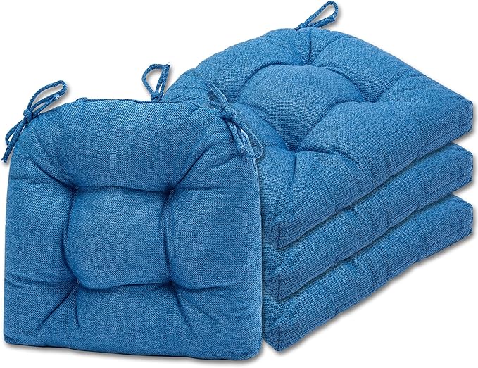 SQUARE MOON D-Shaped 3" Thick Chair Cushions, Chair Pads for Dining Chairs and Kitchen Chairs, Indoor Dining Room Seat Cushions with Ties, Machine Washable, 17" x 16" x 3", 4/Pack, Blue