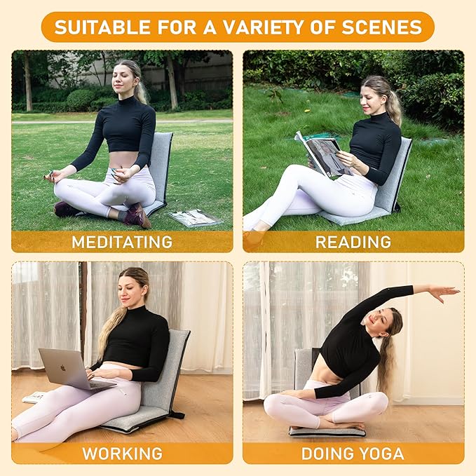 FASTMOMENT Floor Chair with Water Repellent Fabric 14-Position Adjustable Floor Chair with Back Support Portable Ground Seating for Adults Foldable Meditation Seat with Washable Cover (Light Grey)