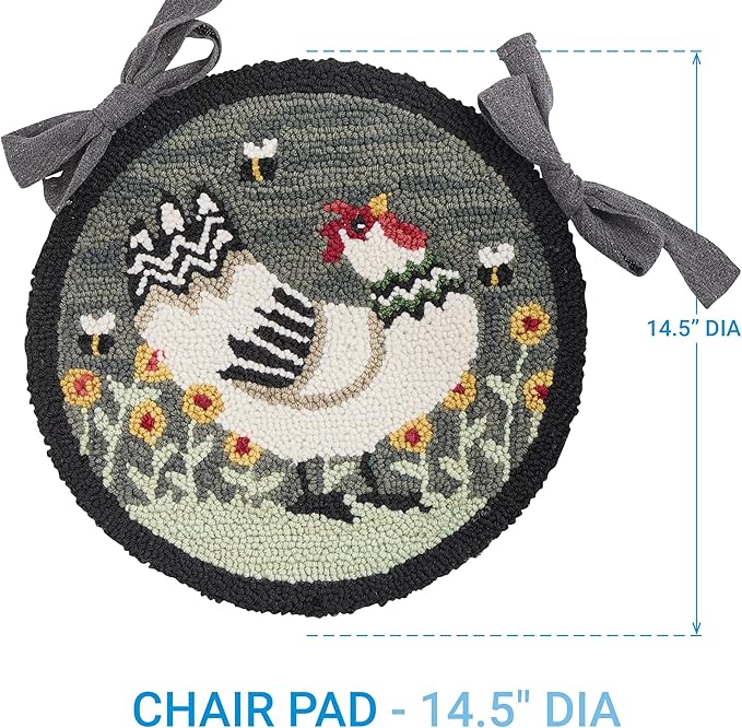 Park Designs My Little White Hen Hooked Chair Pad, Woven Farmhouse Style Seat Cover, Garden Farm Animal Print Seat Accessory