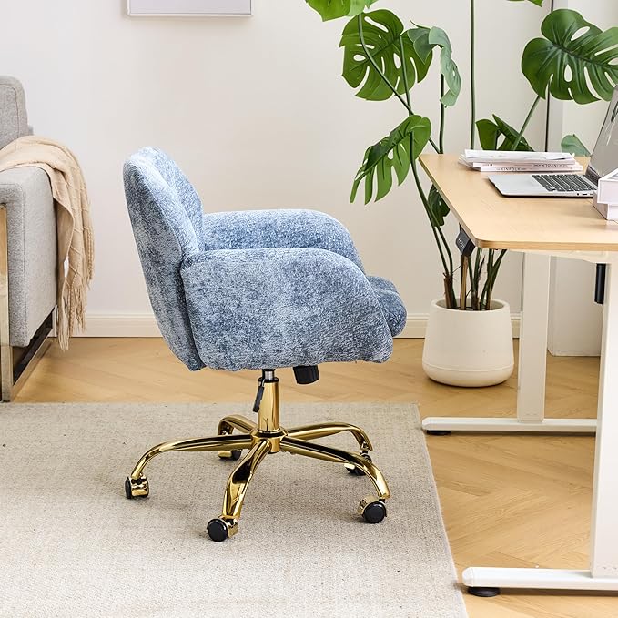 VINGLI Comfy Fuzzy Vanity Chair, Swivel Makeup Chair with Wheels, Upholstered Height Adjustable Armchair with Gold Base, Modern Ergonomic Desk Chair for Bedroom, Home Office, Blue