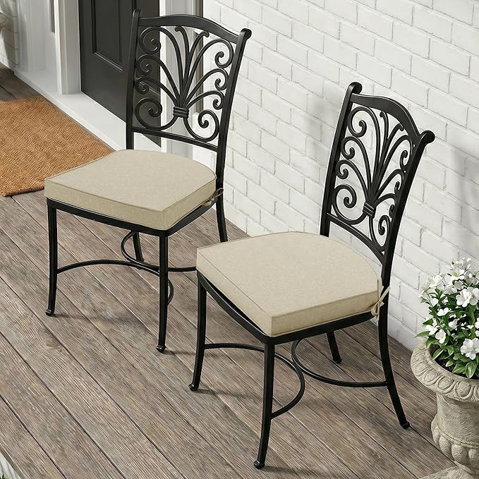 Outdoor Chair Cushions, Fade-Resistant & Water-Resistant, D Shaped Patio Furniture Seat Chair Pads Replacement with Ties, Non-Slip Bottom, Removable Cover, Set of 6, 19 x 19 Inch, Beige