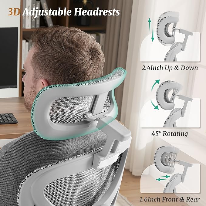 Cozyman Ergonomic Office Chair with Footrest - 5-Level Adjustable Lumbar Support & 90-135°Recline, 3D Headrest & 4D Armrests, Breathable Mesh Seat Computer Chair for Home Office, Gaming, Light Grey