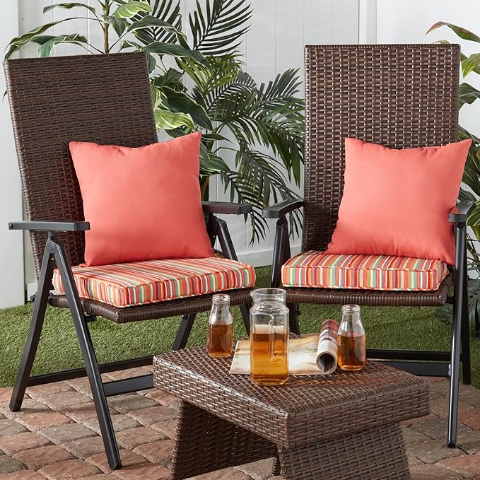 Outdoor 18 inch Square Patio Dining Chair Pads – Comfortable Fiber-Filled Seat Cushions with Ties, Reversible Polyester Fabric - Watermelon Stripe, Set of 4