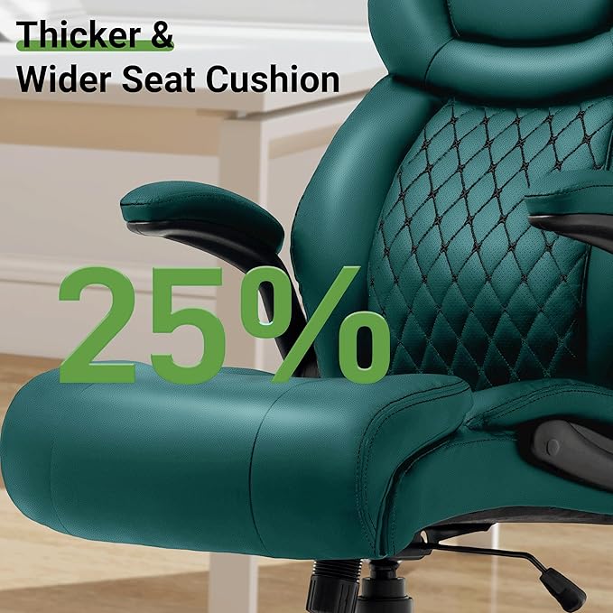 Office Chair, Big and Tall Executive Chairs with Lumbar Support for Back Pain,Breathable Desk Computer Chair with Adjustable Flip-up Armrests,Wide Cushion Swivel Home Office Chair Green PU