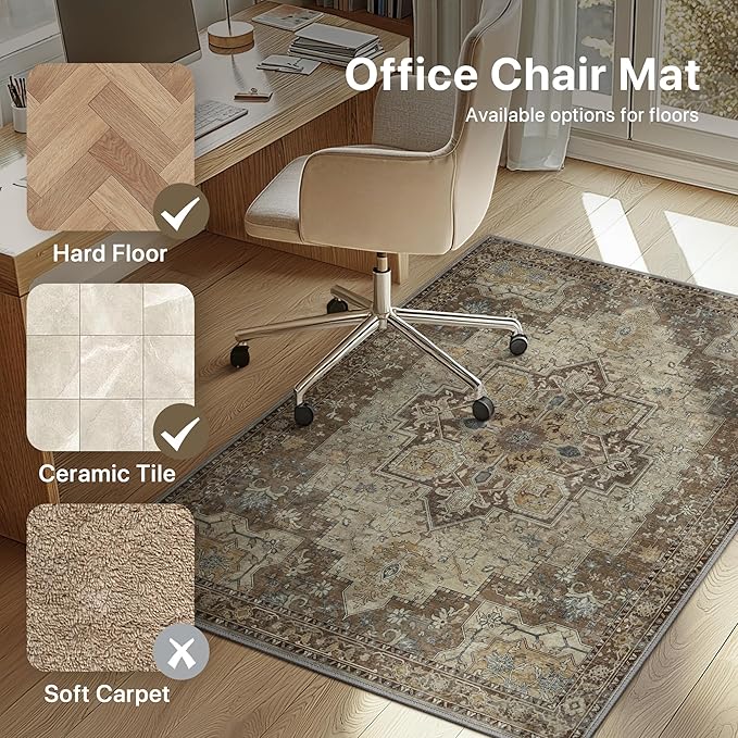 48"x60" Office Chair Mat for Hardwood Tile Floor, Under Desk Carpet Protector for Rolling Computer Chair Mat, Machine Washable Area Rug, Anti-Slip 1/5" Thick Low Pile Thin Vinyl Floor Mat, Brown