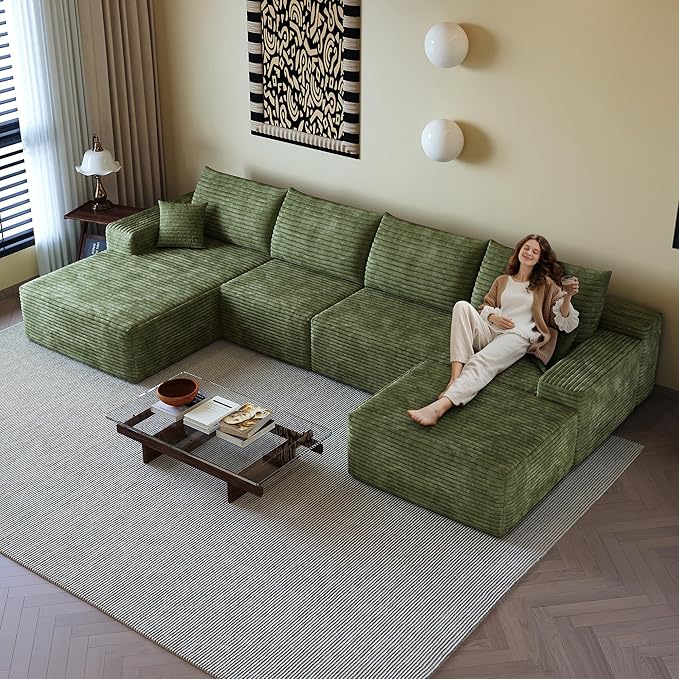 135" U Shaped Sectional Couch with Ottoman, Large Sectional Couches for Living Room, Plush Corduroy Convertible Sleeper Sofa, Compressed Foam Sofa in a Box No Assembly, Left Facing Chaise, Green
