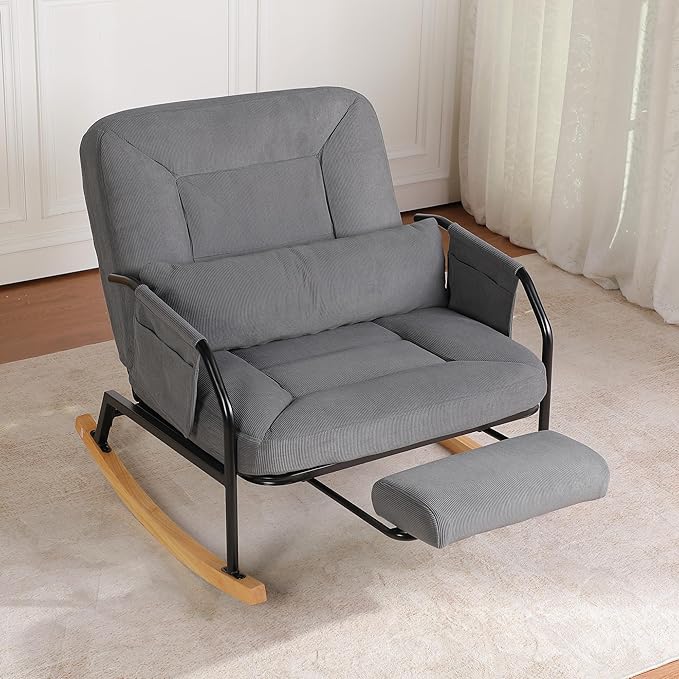 Oversized Reclining Rocking Chair with Foot Rest, 110°–160° Adjustable Backrest, Upholstered Armchair with Side Pocket for Nursery and Living Room, Grey