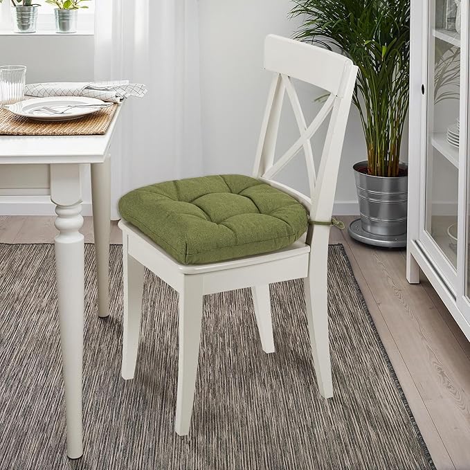 SQUARE MOON Chair Cushions for Dining Chairs, 3 Inch Thick Comfortable Kitchen Chair Pads, Dining Room Seat Cushions with Ties, Machine Washable, 17" x 16" x 3", 4/Pack, Olive Green