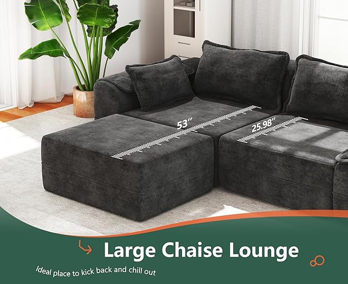Hobestluk 120" Cloud Modular Sectional Couch 3-Seater Sofa with Ottomans U Shaped Couches Deep Seat Boneless Sofa Large Sofa for Living Room (Dark Grey, 3-Seater Sofa with Two Ottomans)