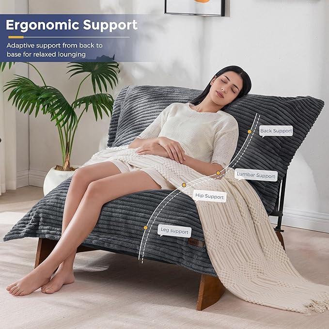 MAXYOYO Adjustable Living Room Chair, Convertible Bean Bag Chair & Recliner with Frame, Removable Cushion Floor Sofa Corded Fabric, Soft Upholstered Lounge for Bedroom, Dorm, Grey