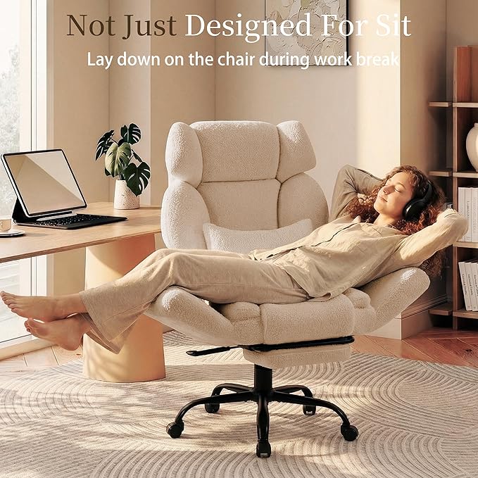 Office Chair with Flip Armrests,Big and Tall Office Chair with Foot Rest,Extra Wide Seat & Lumbar Pillow,Ergonomic Computer Gaming Chair,Comfy Criss Cross Chair for Pets Sitting,Teddy Fleece,Beige