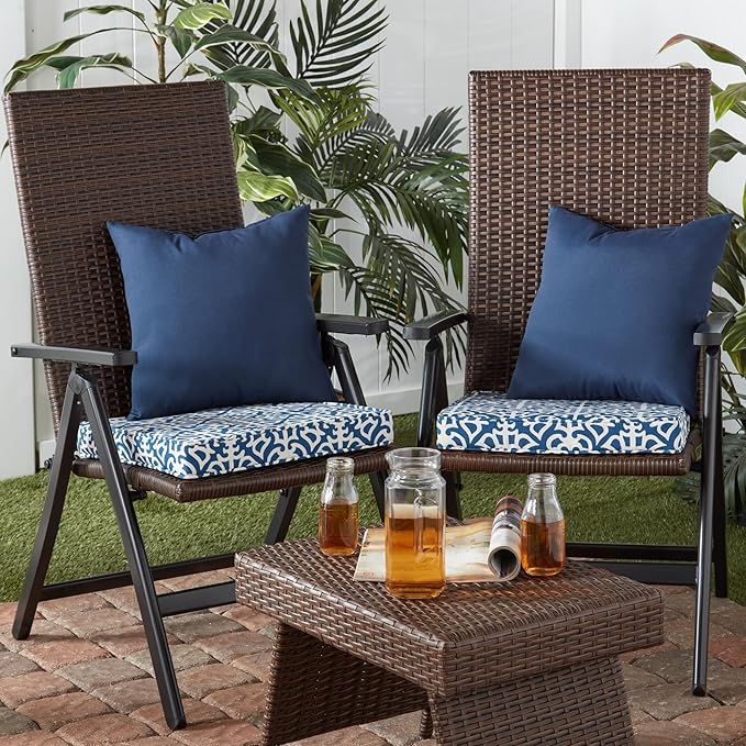 Outdoor 18 inch Square Patio Dining Chair Pads – Comfortable Fiber-Filled Seat Cushions with Ties, Reversible Polyester Fabric - Indigo Blue Lattice, Set of 4