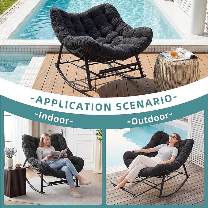 Oversized Rocking Chair Indoor with Foot Rest, Papasan Rocking Chair Outdoor, Lounge Chair with Cushion, Patio Egg Rocker Chairs, Comfy Reading Chairs for Living Room,Garden, Lawn, Dark Grey