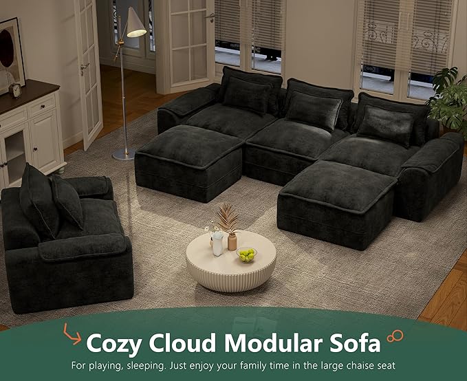 Hobestluk 120" Cloud Modular Sectional Couch 3-Seater Sofa with Ottomans U Shaped Couches Deep Seat Boneless Sofa Large Sofa for Living Room (Dark Grey, 3-Seater Sofa with Two Ottomans)