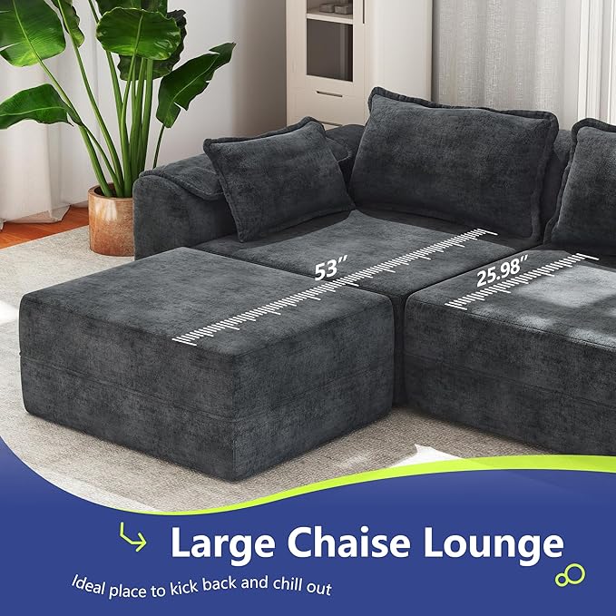 Hobestluk Cloud Single Sofa with Ottoman Memory Foam Couch with Deep Seat L Shaped Sofa with Removable Cover Large Couch for Living Room (Blue Grey, Single Sofa with One Ottoman)