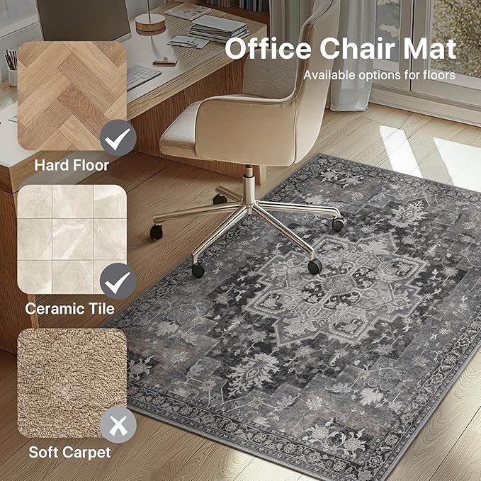 48"x72" Office Chair Mat for Hardwood Tile Floor, Under Desk Carpet Protector for Rolling Computer Chair Mat, Machine Washable Area Rug, Anti-Slip 1/5" Thick Low Pile Thin Vinyl Floor Mat, Black