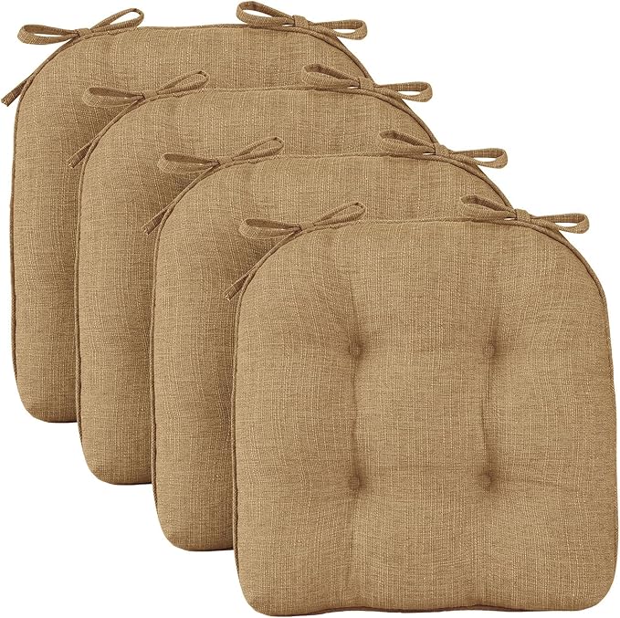Wellsin Chair Cushions for Dining Chairs, Non-Slip Kitchen Chair Pads with Ties, Tufted Shredded Foam Kitchen Chair Cushions Set of 4, 15.5" X 15.5", Taupe