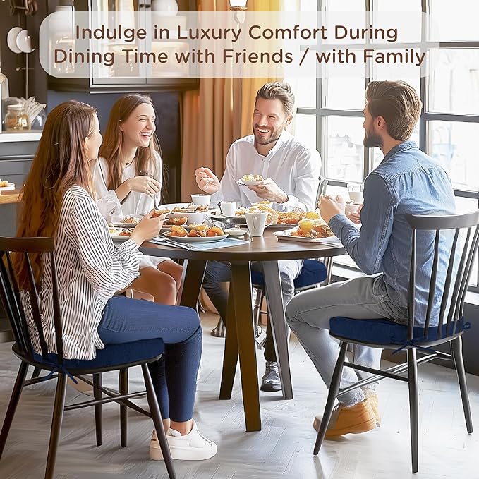 Codi 6 Pack Dining Chair Cushions, Thick Chairs Pads for Indoor Kitchen Room - Washable, Non-Slip Memory Foam Seat Cushion with Ties, 16.5"x16.5"x 3.5", Set of 6, Navy New