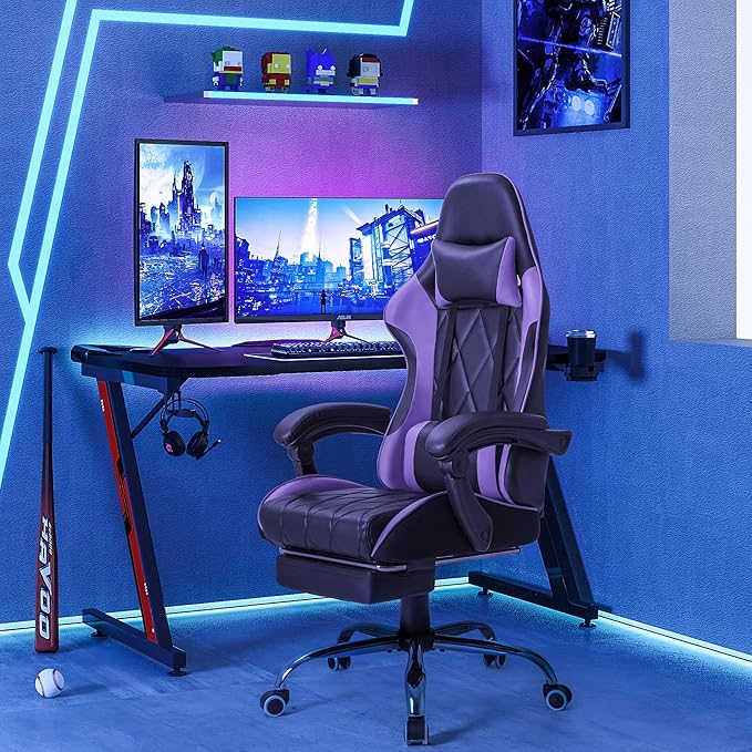 Homall Gaming Chair, Computer Chair with Footrest and Massage Lumbar Support, Ergonomic High Back Video Game Chair with Swivel Seat and Headrest (Purple)