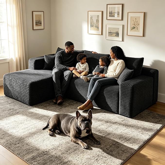 94" Black Boneless Couch with Left Facing Chaise for Living Room,Corduroy L-Shaped Sectional Couches,Compressed Memory Foam Cloud Sofa,No Assembly Required,Black