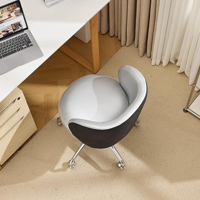 VINGLI Cute Small Swivel Desk Chair Comfy with Wheels,Ergonomic Low-Back Lumbar Support Vanity Nail Tech Rolling Task Stool Chair for Home Office,Height Adjustable,PU Leather Silver&Suede Black