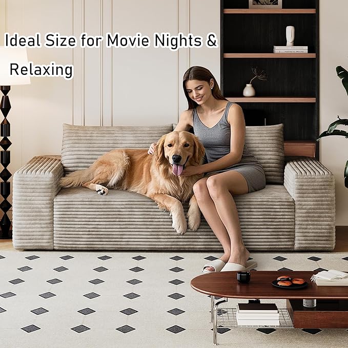 63" Boneless Couches for Living Room,Corduroy Loveseat Sofa for Small Spaces & Bedroom & Apartment,Compressed Sofa No Assembly Required,Camel