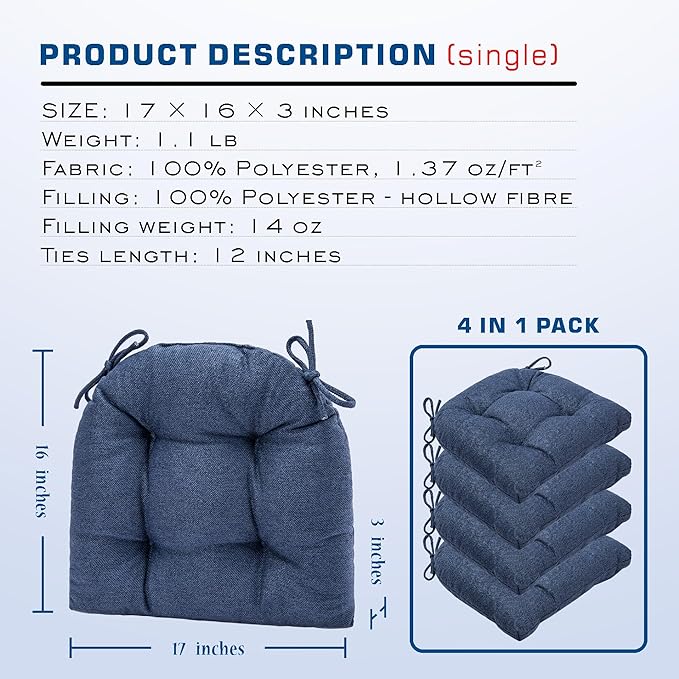 SQUARE MOON D-Shaped 3" Thick Chair Cushions, Chair Pads for Dining Chairs and Kitchen Chairs, Indoor Dining Room Seat Cushions with Ties, Machine Washable, 17" x 16" x 3", 4/Pack, Navy Blue