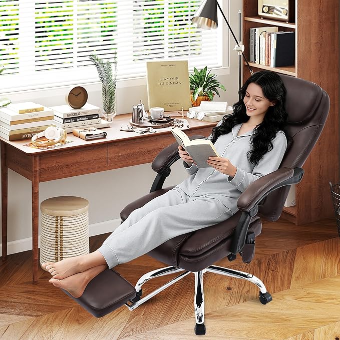 500LBS Massage Office Chair, 6 Points Vibration & Heat Executive Office Chairs, 135°Reclining Comfy Desk Chair with Foot Rest, Wider & Thicker Seat Cushion, PU Leather Big and Tall Gaming Chair, Brown