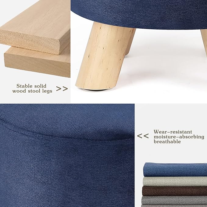 Homebeez Round Ottoman Stool Velvet Foot Rest, Small Footstool with Non-Skid Legs (Dark Blue)