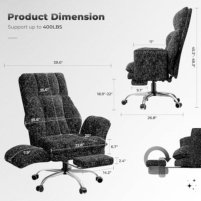 HOMRELEXA Big and Tall Office Chair, Flip Armrests for Pets & Cross Legged Sitting, Executive Ergonomic Computer Gaming Chair with Foot Rest, Gliter Fabric Wide Seat Reclining Desk Chair