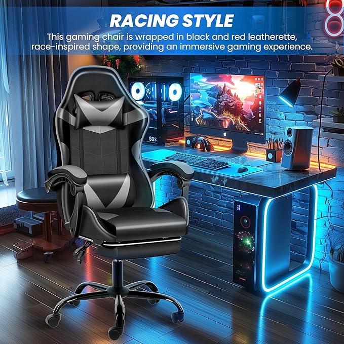 Gaming Chair, Ergonomic Computer Chair with Footrest and Lumbar Support, Height Adjustable Office Chair with 360° Swivel Seat and Headrest