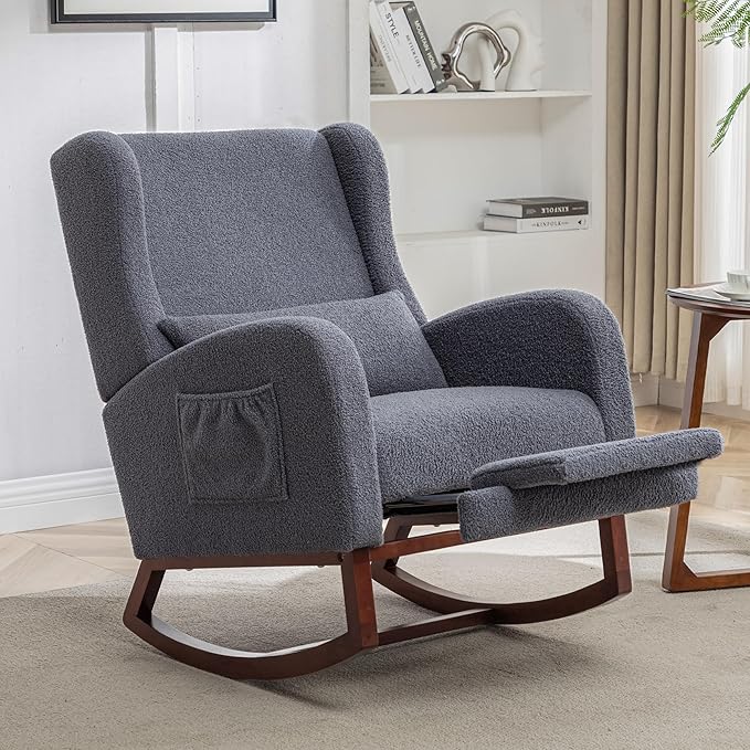 HCHAIRH Rocking Chair with Foot Rest,Teddy Nursery Rocking Chairs, Wingback Nursing Glider Rocker Chair with Pillow and High Back for Nursery, Living Room, Bedroom, Dark Grey