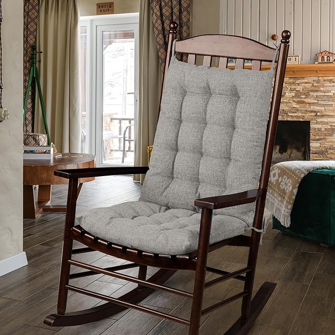 ELFJOY Rocking Chair Cushion Large Rocking Chair Pads with Ties Premium Linen High Back and Seat Cushion 2 Piece Set Linen Grey