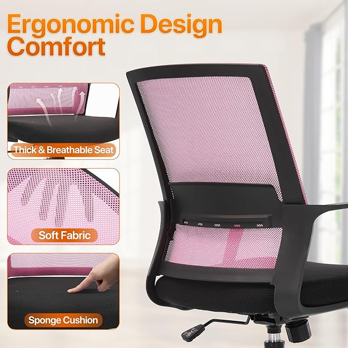 Ergonomic Office Chair, Comfortable Home Desk Chair, Breathable Mesh Back Computer Chair and Lumbar Support, Adjustable Height, Sponge Seat, Pink
