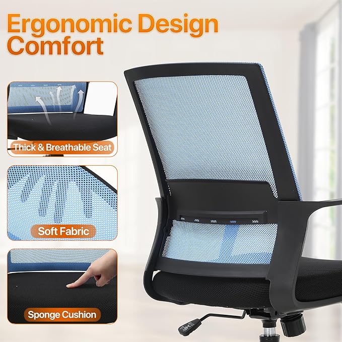 Ergonomic Office Chair, Comfortable Home Desk Chair, Breathable Mesh Back Computer Chair and Lumbar Support, Adjustable Height, Sponge Seat, Blue