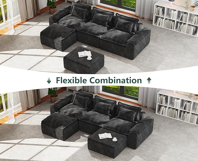 Hobestluk 120" Cloud Modular Sectional Couch 3-Seater Sofa with Ottomans U Shaped Couches Deep Seat Boneless Sofa Large Sofa for Living Room (Dark Grey, 3-Seater Sofa with Two Ottomans)