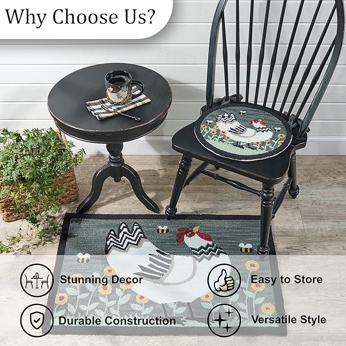 Park Designs My Little White Hen Hooked Chair Pad, Woven Farmhouse Style Seat Cover, Garden Farm Animal Print Seat Accessory