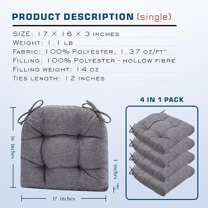 SQUARE MOON D-Shaped 3" Thick Chair Cushions, Chair Pads for Dining Chairs and Kitchen Chairs, Indoor Dining Room Seat Cushions with Ties, Machine Washable, 17" x 16" x 3", 4/Pack, Grey